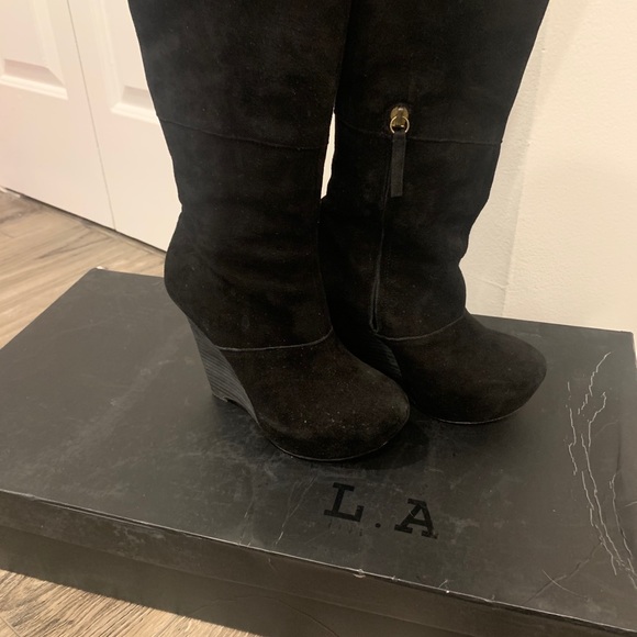 L.A.M.B. Poppy Black Suede Wedge Boots - Picture 6 of 7